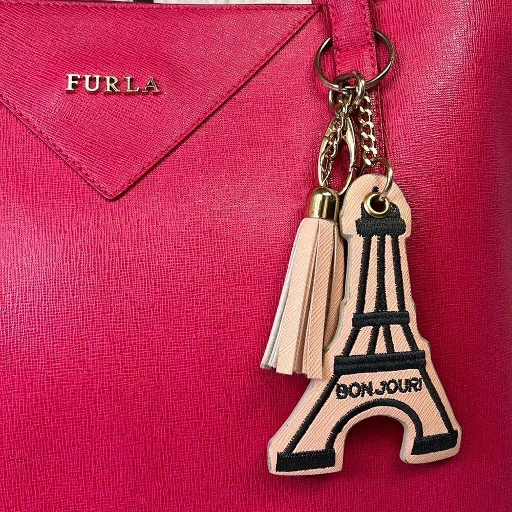 FURLA  Pink Leather Tote Bag with Eiffel Tower Charm Leopard Print Interior
